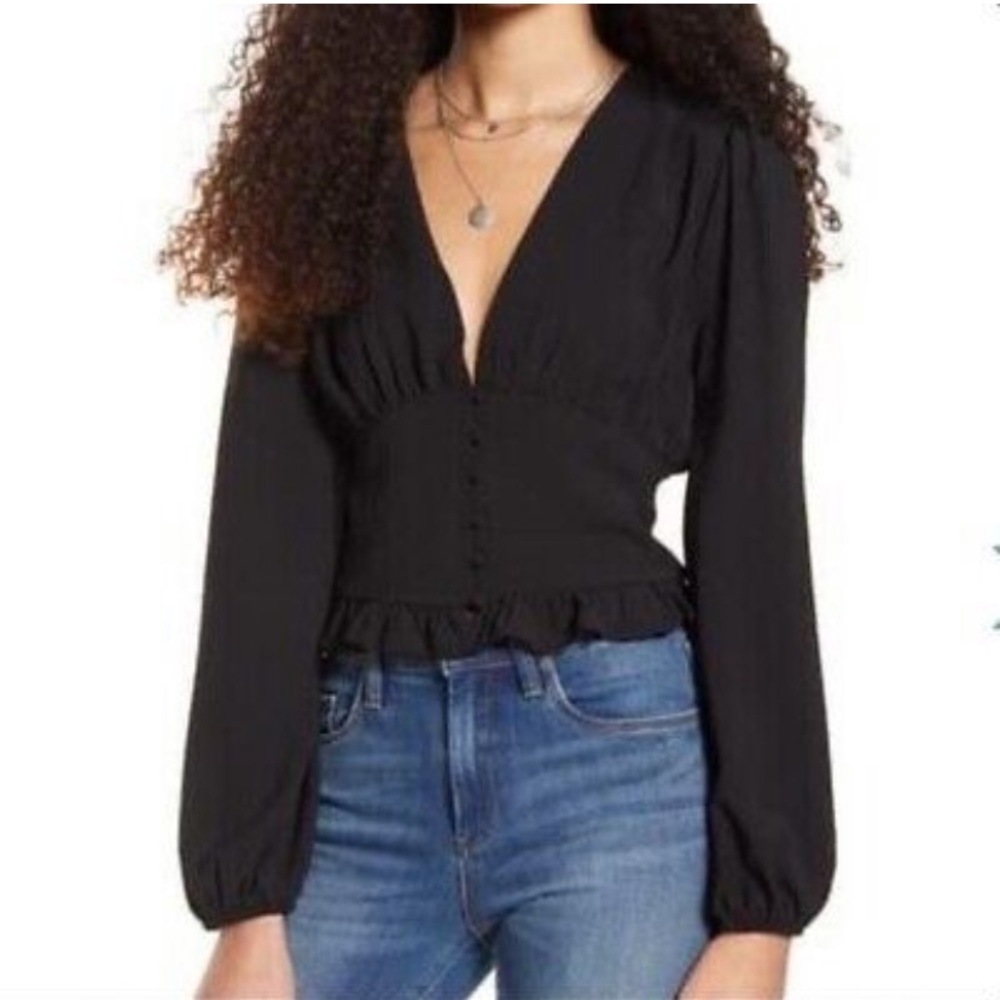 One Clothing black Button Waist V-Neck Top blouse